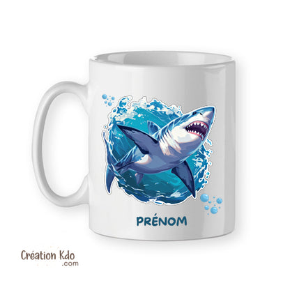 Mug grand requin blanc style aquarelle en céramique personnalisé prénom tasse cadeau
