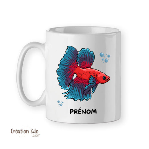 Mug aquariophilie Betta combattant bleu et rouge Tasse en céramique personnalisé prénom