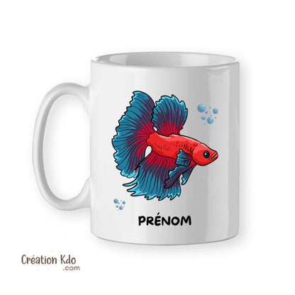 Mug aquariophilie Betta combattant bleu et rouge Tasse en céramique personnalisé prénom