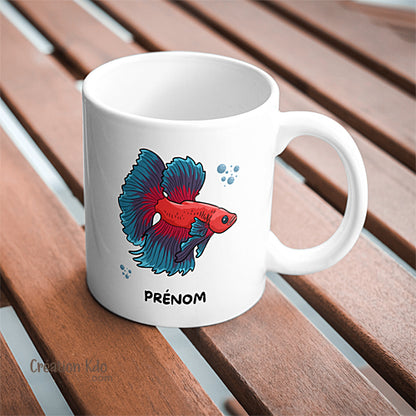 Mug aquariophilie Betta combattant bleu et rouge Tasse en céramique personnalisé prénom