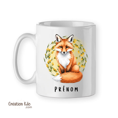 Mug renard roux fleurs jaunes Tasse personnalisée prénom goupil
