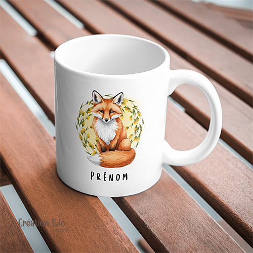 Mug renard roux fleurs jaunes Tasse céramique personnalisée prénom goupil