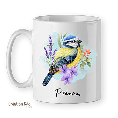 Mug oiseau avec une mésange bleue prénom personnalisé