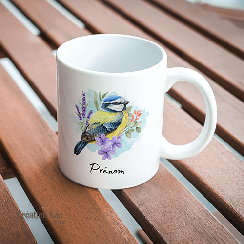 Mug oiseau avec une mésange bleue prénom personnalisé
