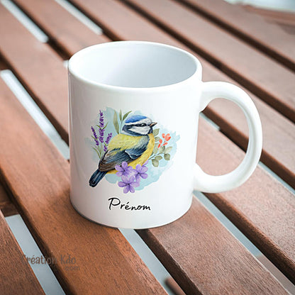 Mug oiseau avec une mésange bleue prénom personnalisé