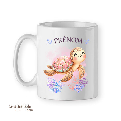 Mug tortue marine aquarelle tons roses mauves tasse en céramique personnalisé prénom