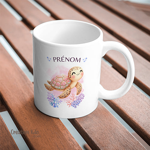 Mug tortue marine aquarelle tons roses mauves tasse en céramique personnalisé prénom