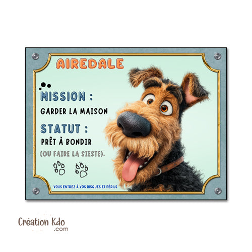 Plaque Airedale  Panneau portail version cartoon dessin animé