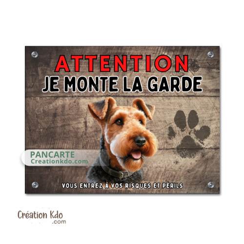 Plaque Attention Airedale Je monte la garde Panneau de portail ou porte version dessin