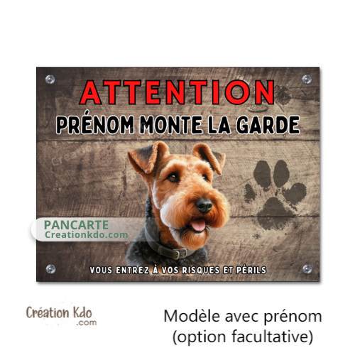 Plaque Attention Airedale Je monte la garde Panneau de portail ou porte version dessin personnalisé