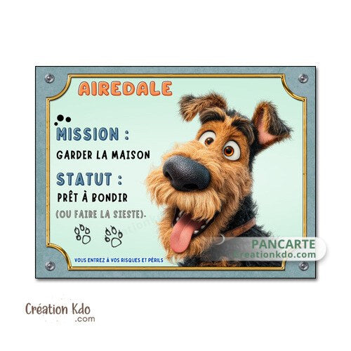 plaque airedale terrier humour panneau attention au chien je monte la garde pancarte