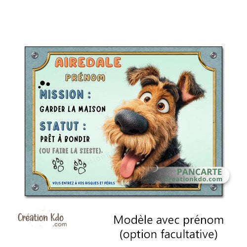 plaque airedale terrier humour panneau attention au chien je monte la garde pancarte