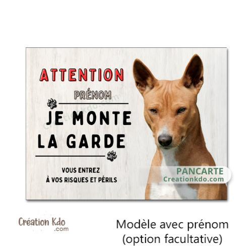 Plaque Basenji Attention Je monte la garde panneau portail pancarte