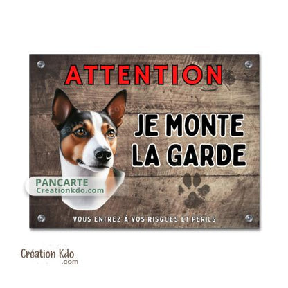 Plaque Basenji tricolore Attention Je monte la garde panneau portail pancarte