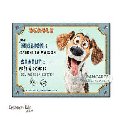 Plaque Attention au chien Beagle panneau dessin animé mission garder la maison je monte la garde