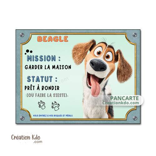Plaque Attention au chien Beagle panneau dessin animé mission garder la maison je monte la garde