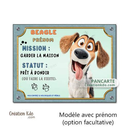 Plaque Attention au chien Beagle panneau dessin animé mission garder la maison je monte la garde