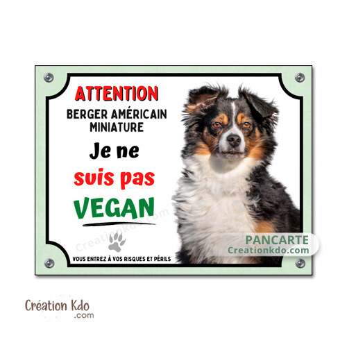 plaque berger américain miniature tricolore humour vegan panneau attention au chien