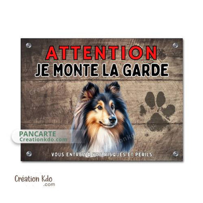 Plaque en aluminium Berger des Shetland Je monte la garde panneau portail attention au chien