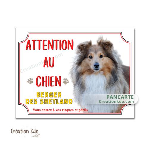 Plaque Berger des Shetland sable Panneau blanc et rouge Attention au chien portail