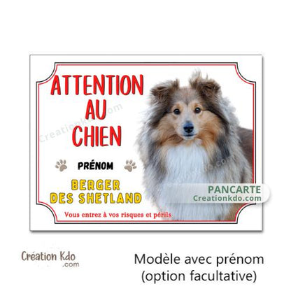 Plaque Berger des Shetland sable Panneau blanc et rouge Attention au chien portail