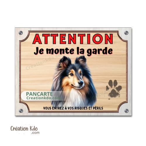 Plaque en aluminium Berger des Shetland Je monte la garde panneau portail attention au chien