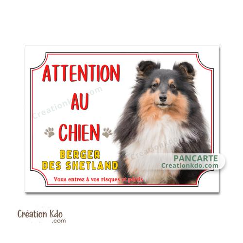 Plaque Berger des Shetland tricolore Panneau blanc et rouge Attention au chien portail je monte la garde
