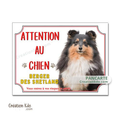 Plaque Berger des Shetland tricolore Panneau blanc et rouge Attention au chien portail je monte la garde