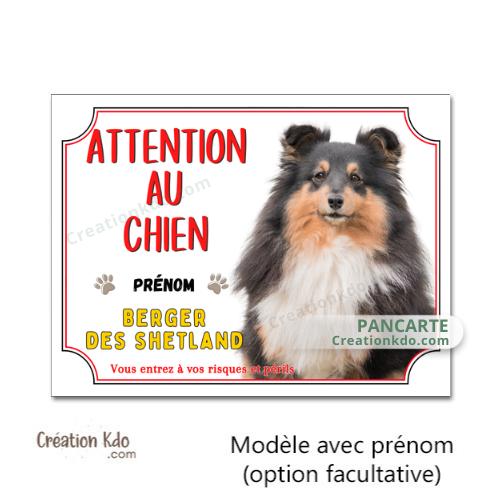 Plaque Berger des Shetland tricolore Panneau blanc et rouge Attention au chien portail