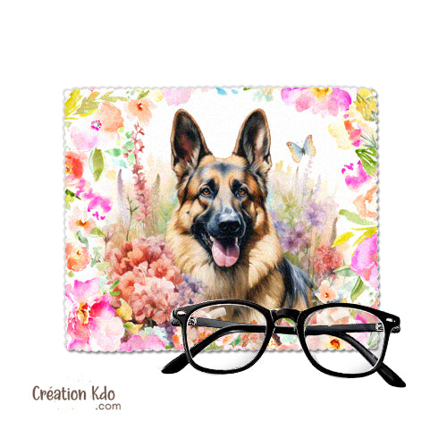Chiffon à lunette berger allemand essuie lunette chiffonnette fleuri chamoisine motif chien