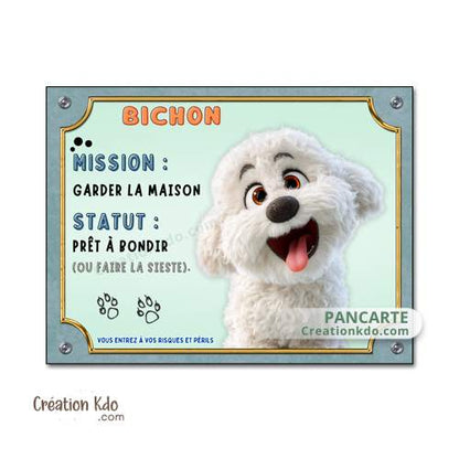 plaque bichon maltais panneau attention au chien pancarte je monte la garde humour cartoon