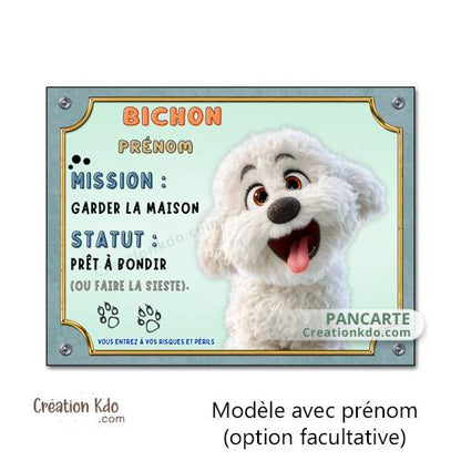 plaque bichon maltais panneau attention au chien pancarte je monte la garde humour cartoon