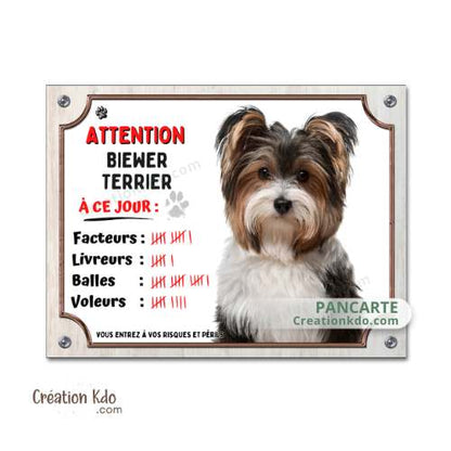 Plaque chien humour Attention Biewer Terrier à ce jour Panneau portail je monte la garde
