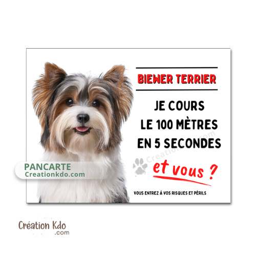 Plaque chien humour Attention Biewer Terrier Je cours le 100 mètres Panneau portail