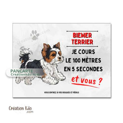 Plaque chien humour Attention Biewer Terrier Je cours le 100 mètres Panneau portail monte la garde