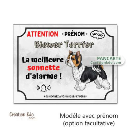 Plaque humour Biewer Terrier Attention au chien la meilleure sonnette version dessin cartoon Panneau