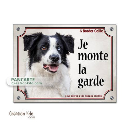 border collie noir et blanc panneau attention au chien portail plaque je monte la garde pancarte