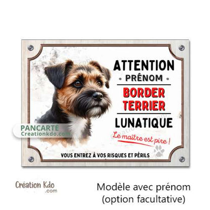 Plaque Border Terrier Attention au chien lunatique panneau pancarte humour