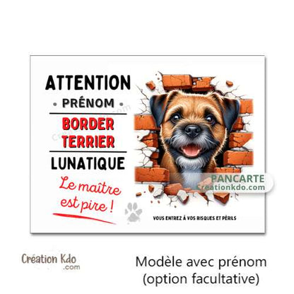 Plaque Border Terrier Attention au chien lunatique panneau pancarte humour je monte la garde