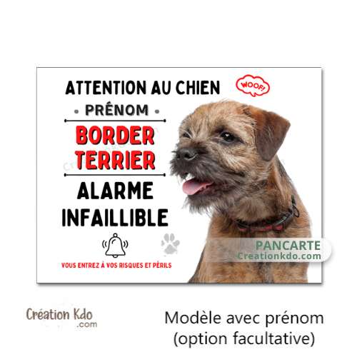 Plaque Border Terrier Attention au chien Alarme infaillible panneau pancarte humoristique personnalisé prénom