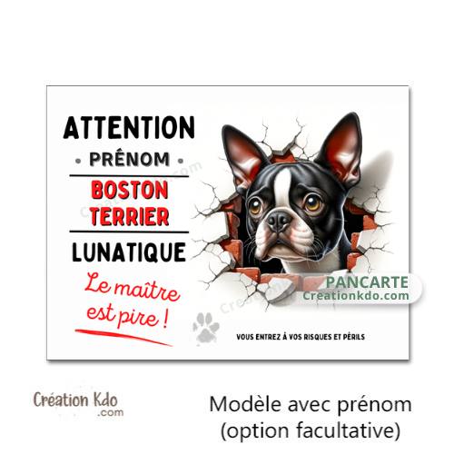 Plaque Boston Terrier lunatique humour panneau Attention au chien pancarte je monte la garde
