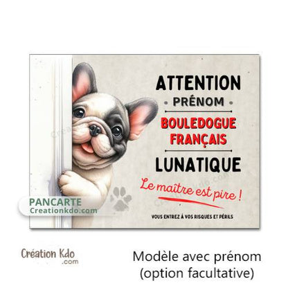Plaque humour Bouledogue Français lunatique panneau mignon Attention au chien portail personnalisé