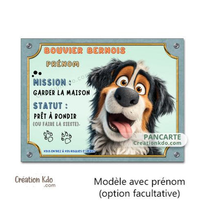 Plaque Bouvier Bernois cartoon Mission panneau attention au chien déco maison
