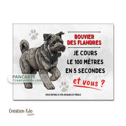 Plaque humoristique chien Bouvier des Flandres Je cours le 100 mètres panneau je monte la garde
