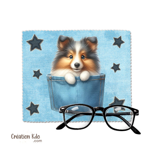 Essuie-lunette motif Berger des Shetland en poche Chiffonnette tissu microfibre
