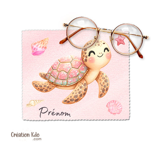 Essuie-lunettes Tortue marine tons roses en tissu Microfibre personnalisable prénom