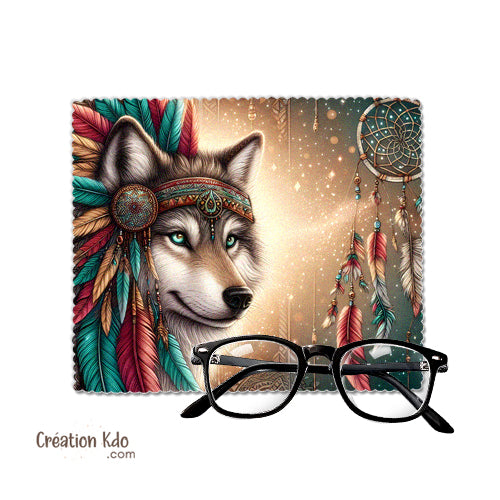 essuie lunette motif loup native bohême america chiffonnette microfibre lingette nettoyante tissu écrans téléphone
