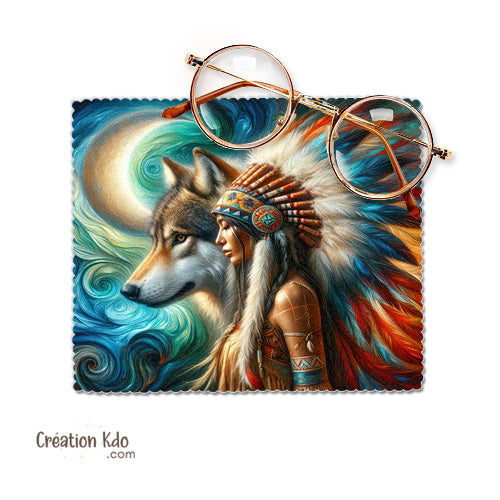 essuie lunette personnalisé motif loup femme native indien amérindien america chiffonnette microfibre lingette nettoyante tissu écrans téléphone