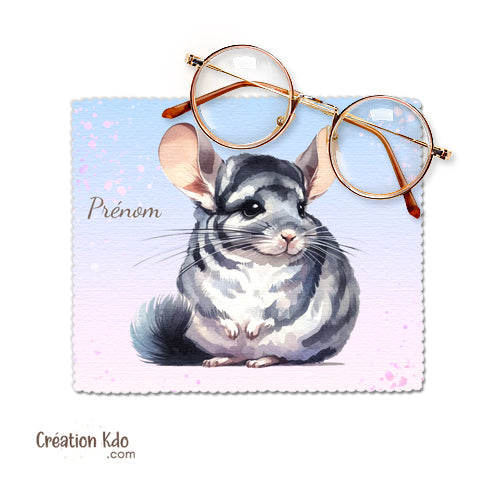 Essuie-Lunettes Chinchilla Aquarelle Personnalisable avec Prénom - Chiffonnette Microfibre NAC - Idée Cadeau Rongeur