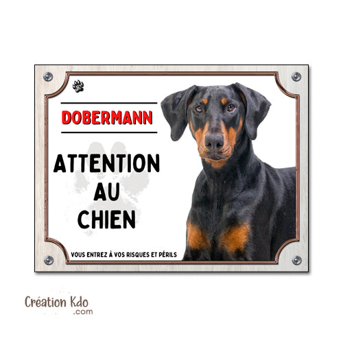 Plaque Dobermann Attention au chien pelage noir et feu panneau portail je monte la garde photo